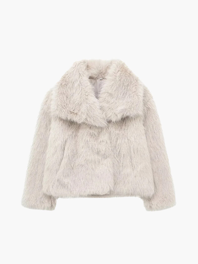 Women's Faux Fur Coat with Wide Collar and Mid-Length Cut - 3