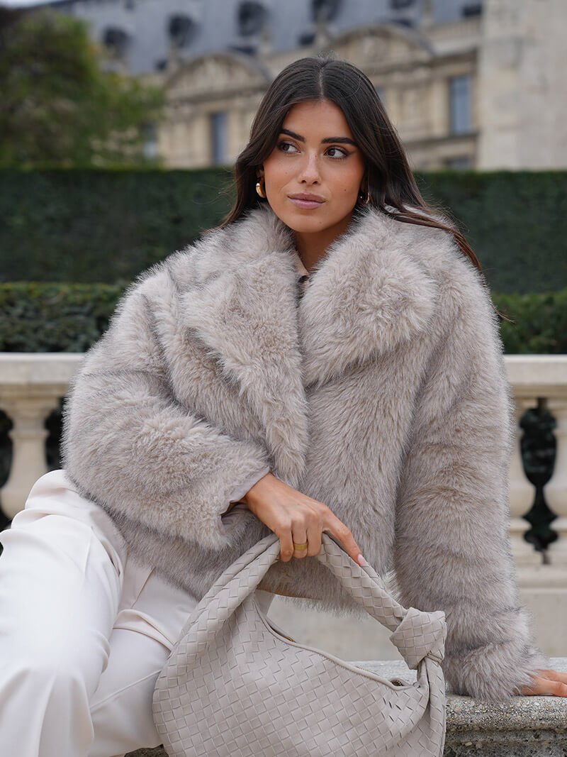 Women's Faux Fur Coat with Wide Collar and Mid-Length Cut - Cream