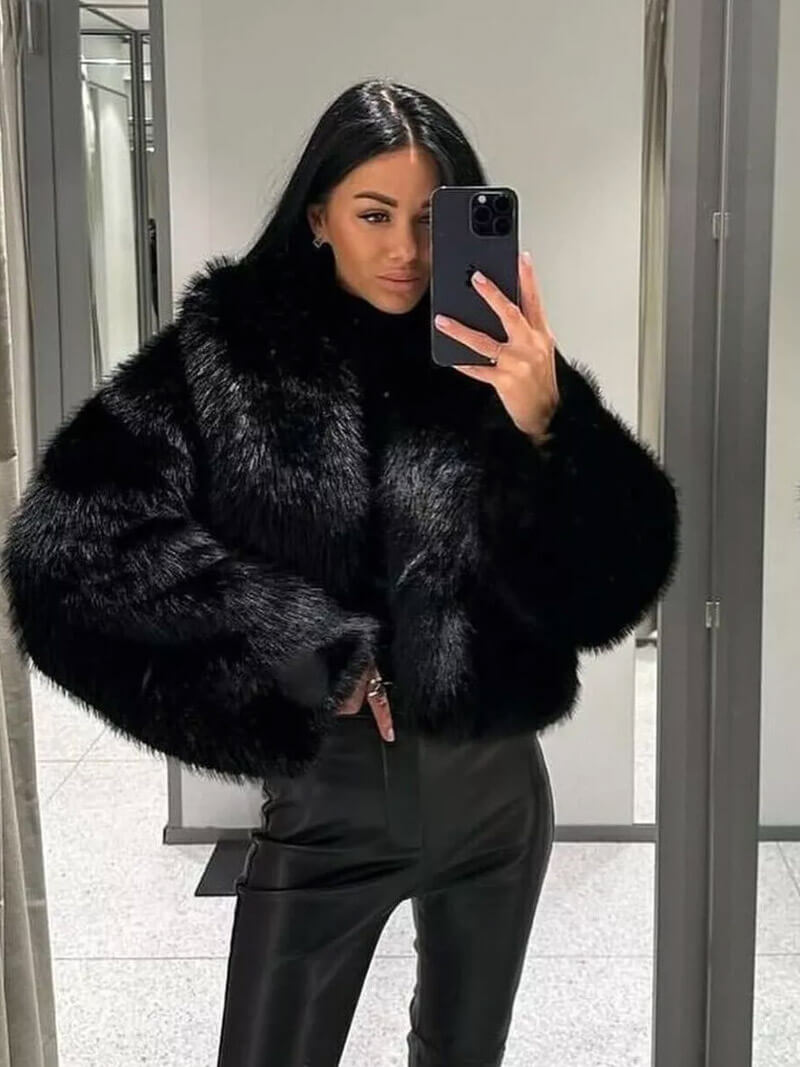 Women's Faux Fur Coat with Wide Collar and Mid-Length Cut - Black