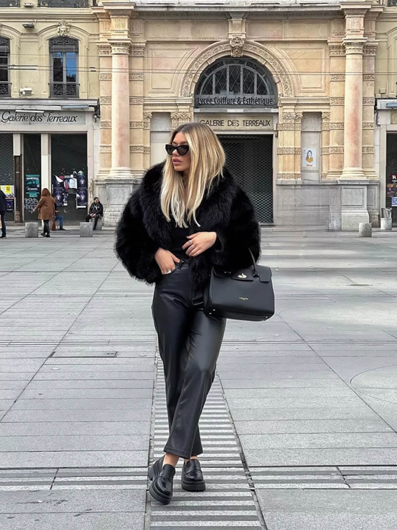 Women's Faux Fur Coat with Wide Collar and Mid-Length Cut - 9