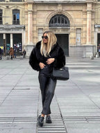 Women's Faux Fur Coat with Wide Collar and Mid-Length Cut - 9