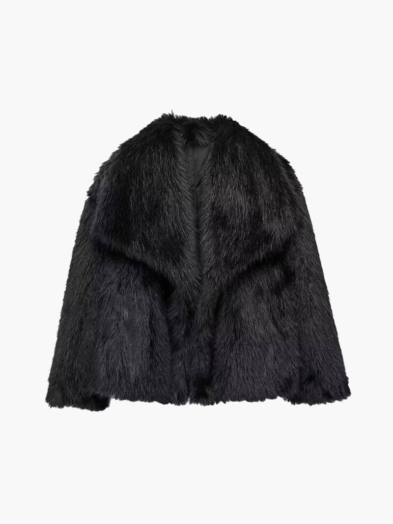 Women's Faux Fur Coat with Wide Collar and Mid-Length Cut - 5