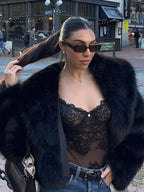 Women's Faux Fur Coat with Wide Collar and Mid-Length Cut - 8