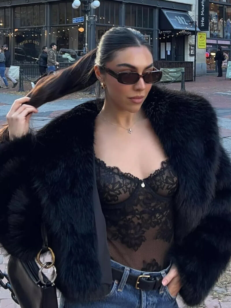 Women's Faux Fur Coat with Wide Collar and Mid-Length Cut - 8