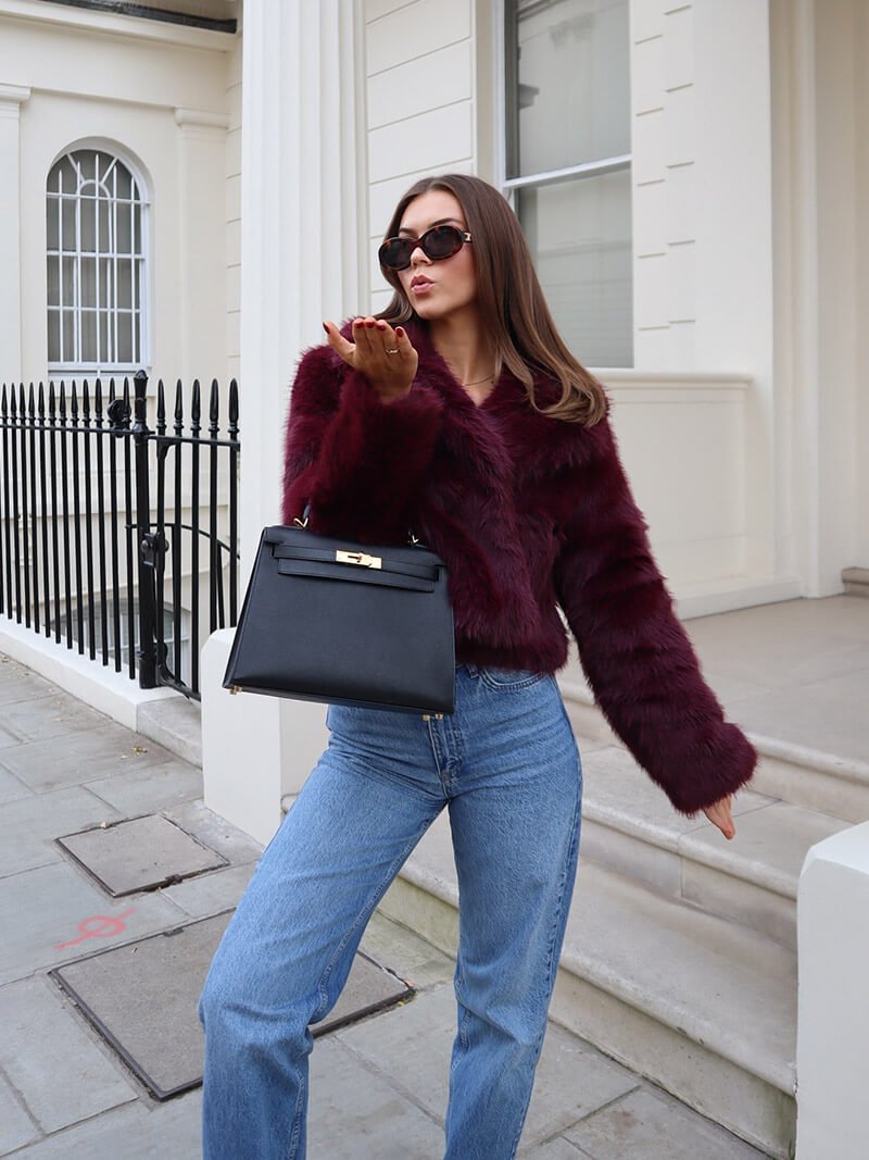Women's Faux Fur Coat with Wide Collar and Mid-Length Cut - 11