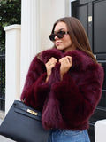 Women's Faux Fur Coat with Wide Collar and Mid-Length Cut - Burgundy