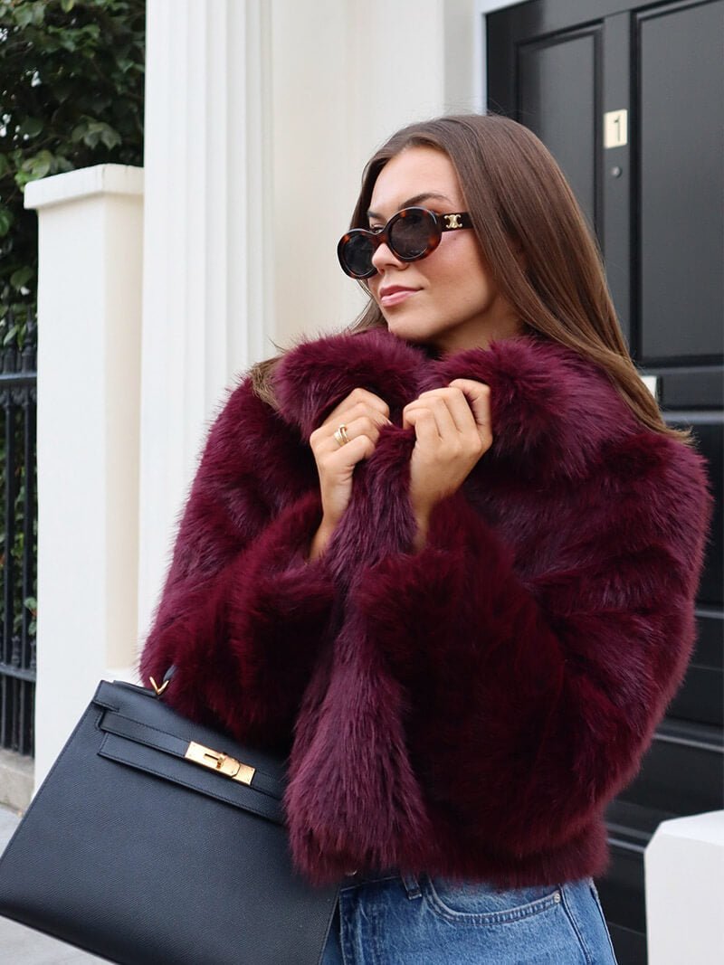 Women's Faux Fur Coat with Wide Collar and Mid-Length Cut - Burgundy