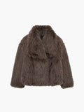 Women's Faux Fur Coat with Wide Collar and Mid-Length Cut - Brown