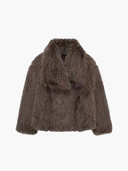 Women's Faux Fur Coat with Wide Collar and Mid-Length Cut - Brown