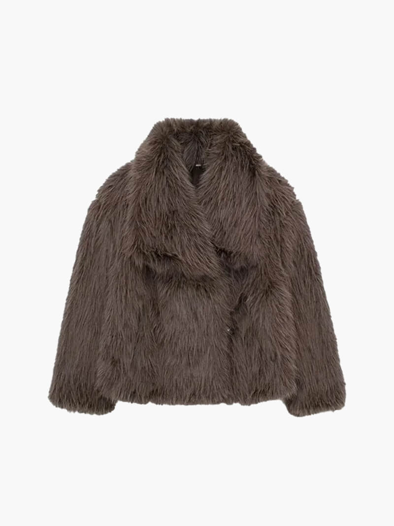 Women's Faux Fur Coat with Wide Collar and Mid-Length Cut - Brown
