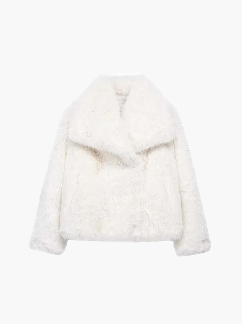 Women's Faux Fur Coat with Wide Collar and Mid-Length Cut - White