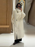 Women's Long Coat with Stand Collar and Single-Breasted Closure - Off White