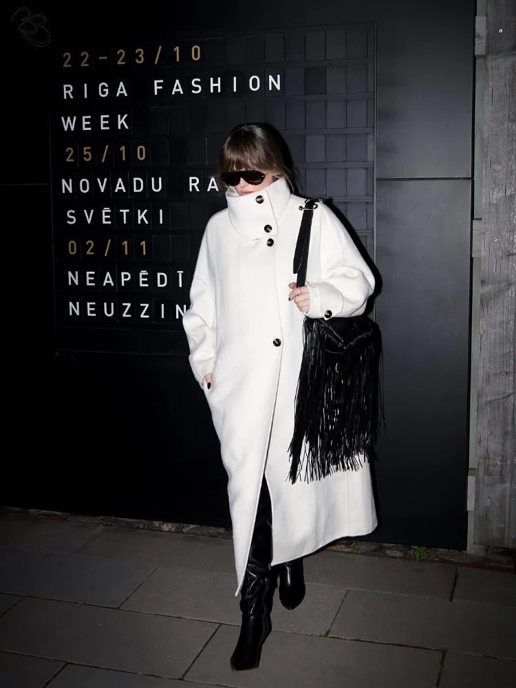 Women's Long Coat with Stand Collar and Single-Breasted Closure - 5