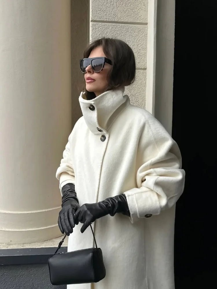 Women's Long Coat with Stand Collar and Single-Breasted Closure - Off White