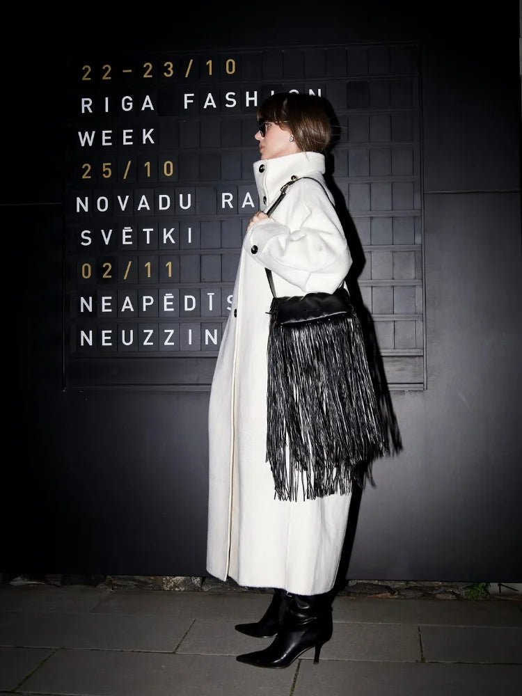 Women's Long Coat with Stand Collar and Single-Breasted Closure - 7