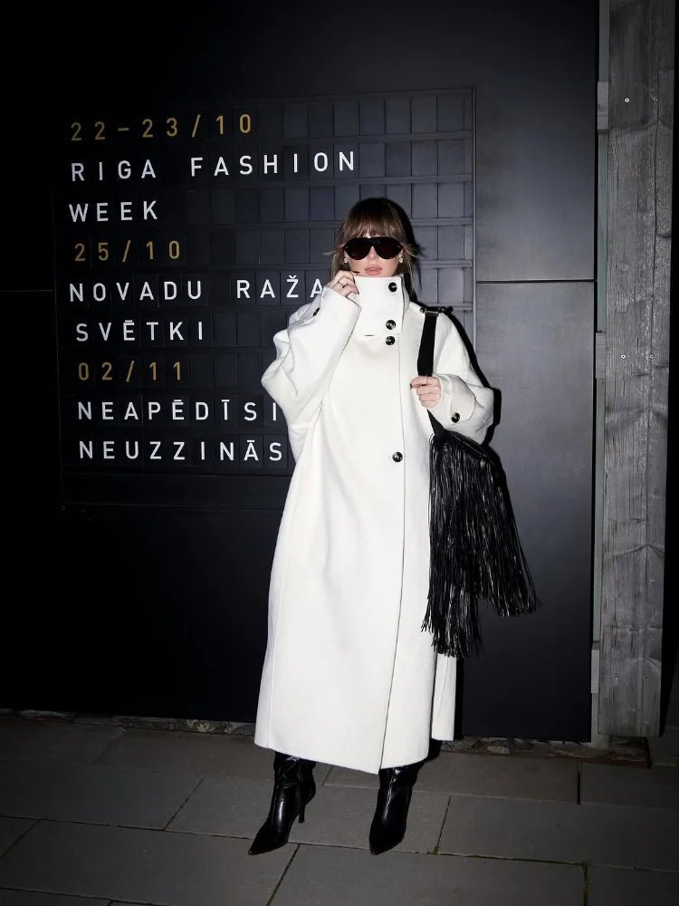 Women's Long Coat with Stand Collar and Single-Breasted Closure - Off White