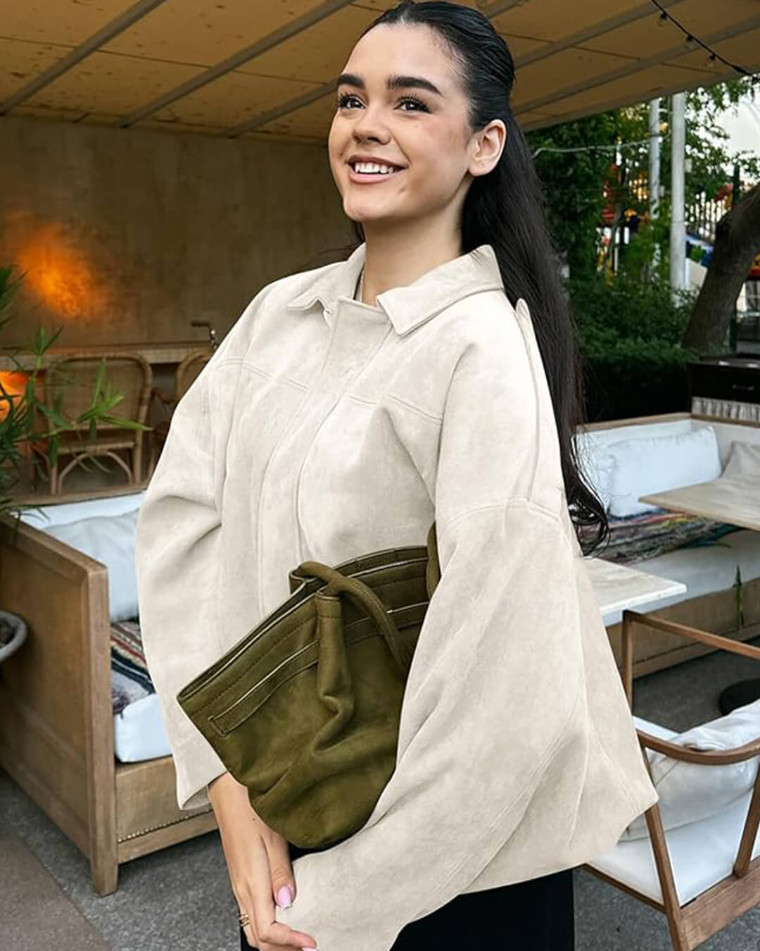 Women's Faux Suede Bomber Jacket Oversized with Front Zip - Cream