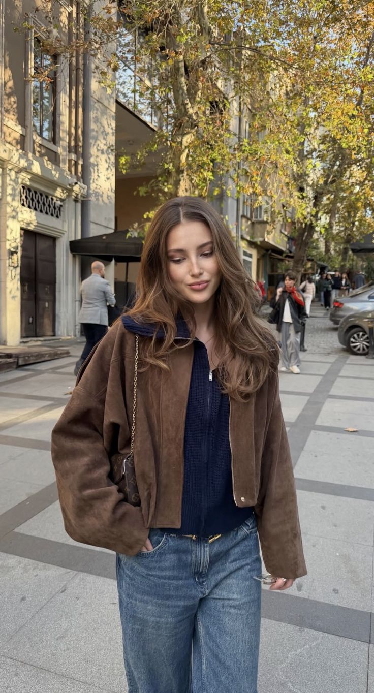 Women's Faux Suede Bomber Jacket Oversized with Front Zip - Brown
