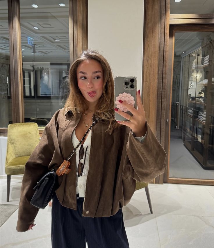 Women's Faux Suede Bomber Jacket Oversized with Front Zip - Brown
