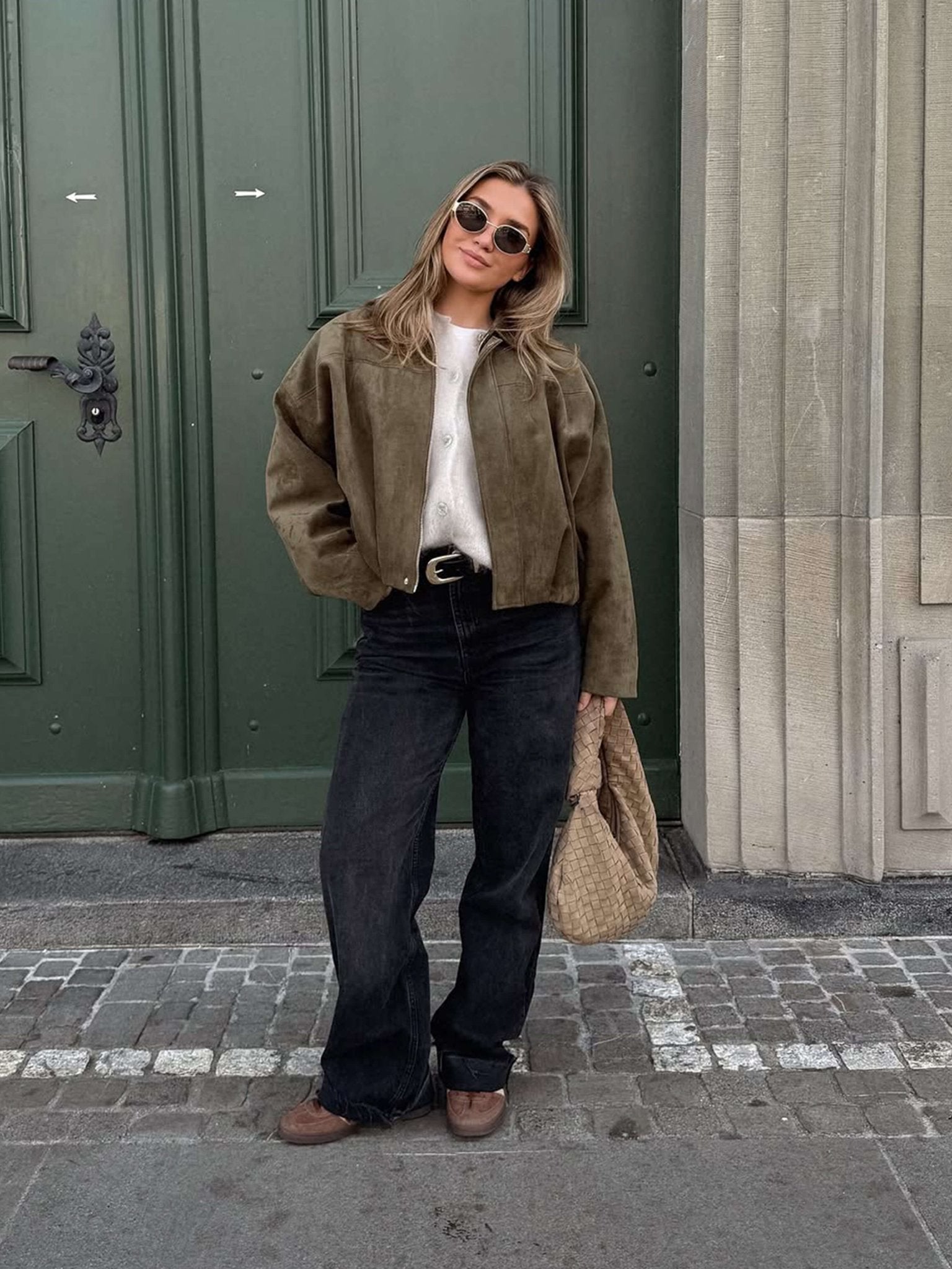 Women's Faux Suede Bomber Jacket Oversized with Front Zip - Green