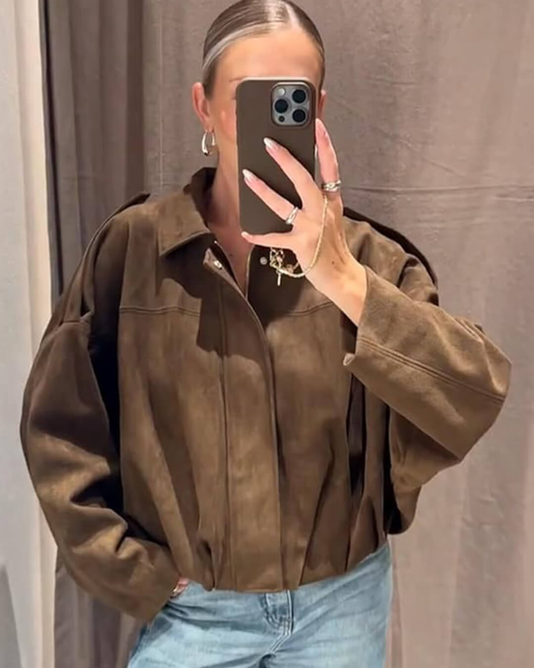 Women's Faux Suede Bomber Jacket Oversized with Front Zip - Brown