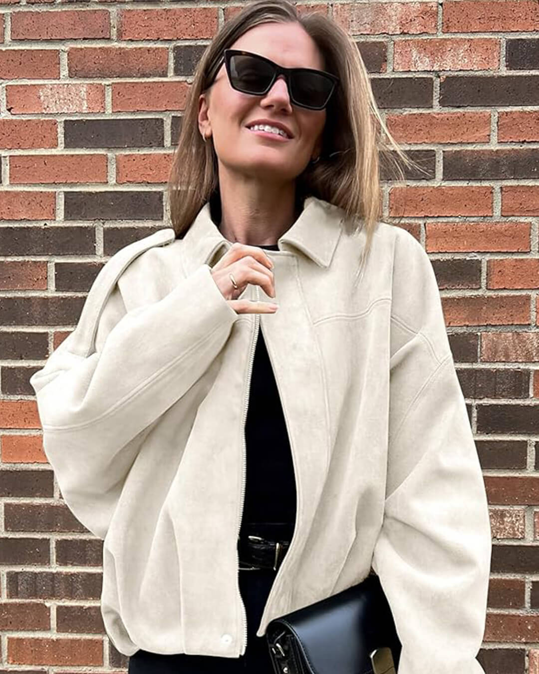 Women's Faux Suede Bomber Jacket Oversized with Front Zip - Cream