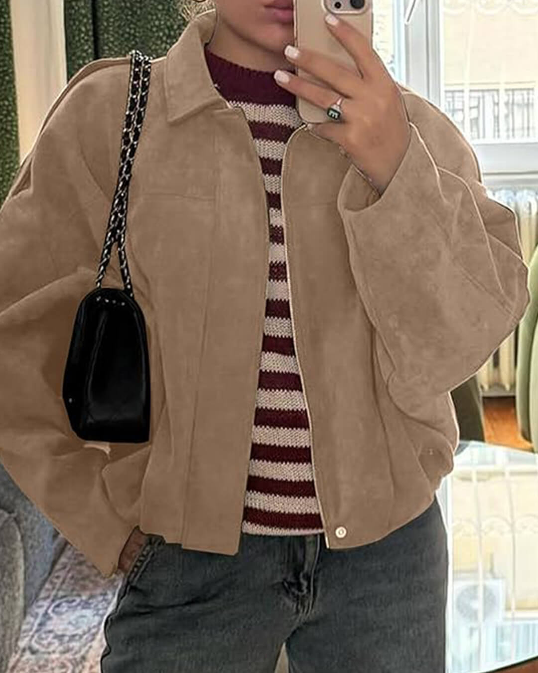 Women's Faux Suede Bomber Jacket Oversized with Front Zip - Beige