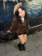Women's Faux Suede Bomber Jacket Oversized with Front Zip - 17