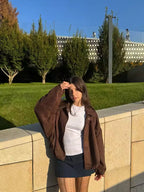 Women's Faux Suede Bomber Jacket Oversized with Front Zip - 18