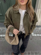 Women's Faux Suede Bomber Jacket Oversized with Front Zip - Green