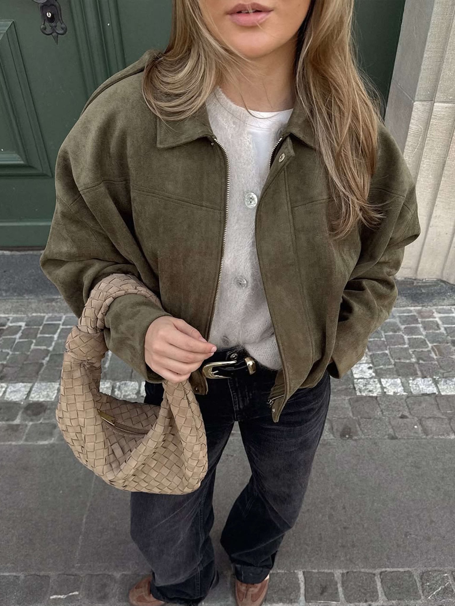 Women's Faux Suede Bomber Jacket Oversized with Front Zip - Green