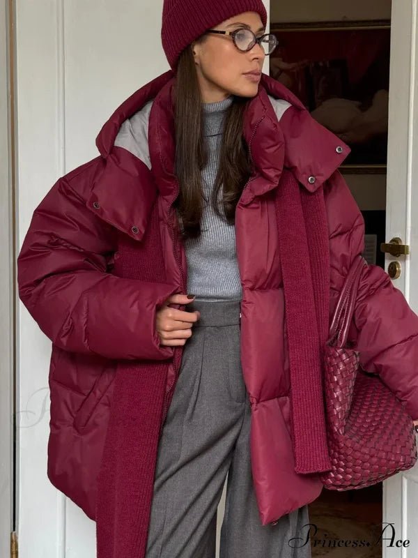 Oversized Puffer Jacket with Detachable Hood and High Neck - Burgundy