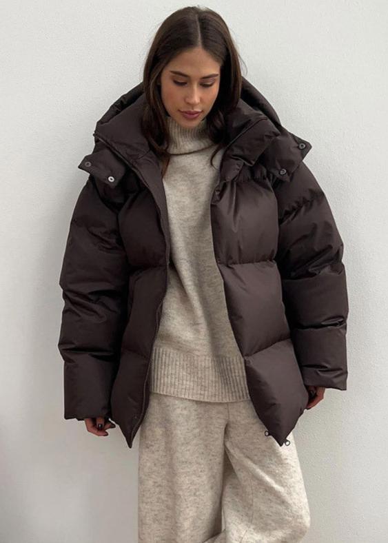 Oversized Puffer Jacket with Detachable Hood and High Neck - Dark Brown
