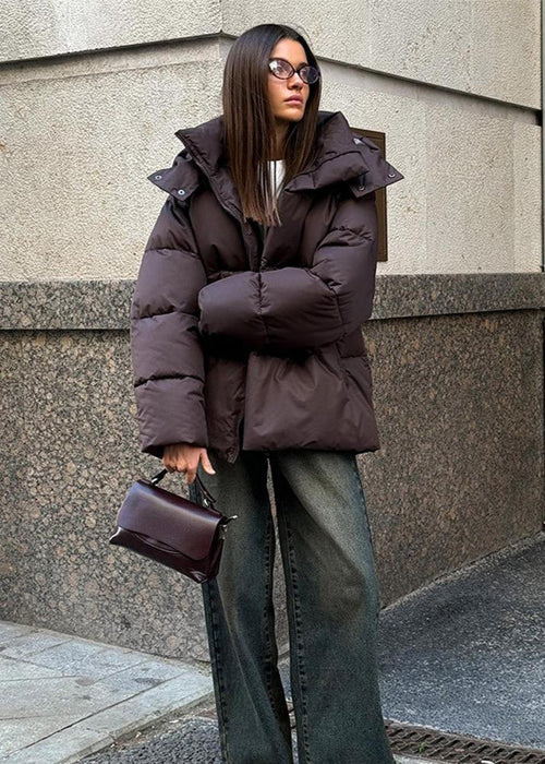Oversized Puffer Jacket with Detachable Hood and High Neck - 5