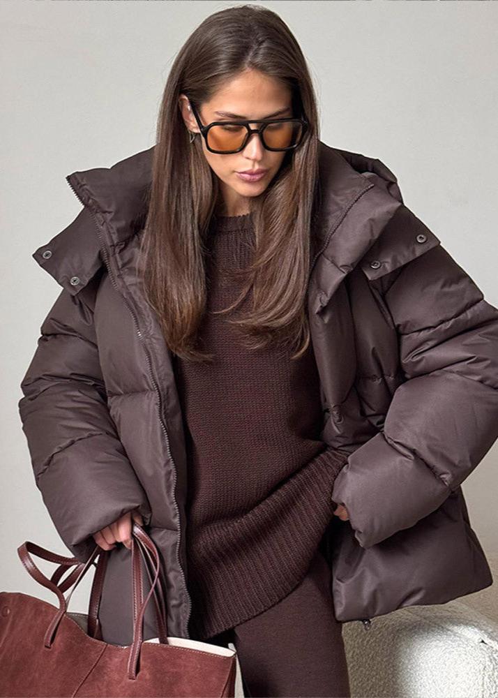 Oversized Puffer Jacket with Detachable Hood and High Neck - Dark Brown