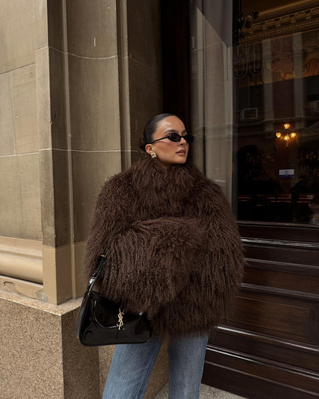 Women's Faux Fur Coat Oversized with Shaggy Texture - Dark Brown