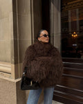 Women's Faux Fur Coat Oversized with Shaggy Texture - Dark Brown