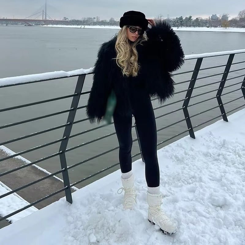 Women's Faux Fur Coat Oversized with Shaggy Texture - Black