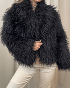 Women's Faux Fur Coat Oversized with Shaggy Texture - Black