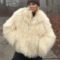 Women's Faux Fur Coat Oversized with Shaggy Texture - Beige