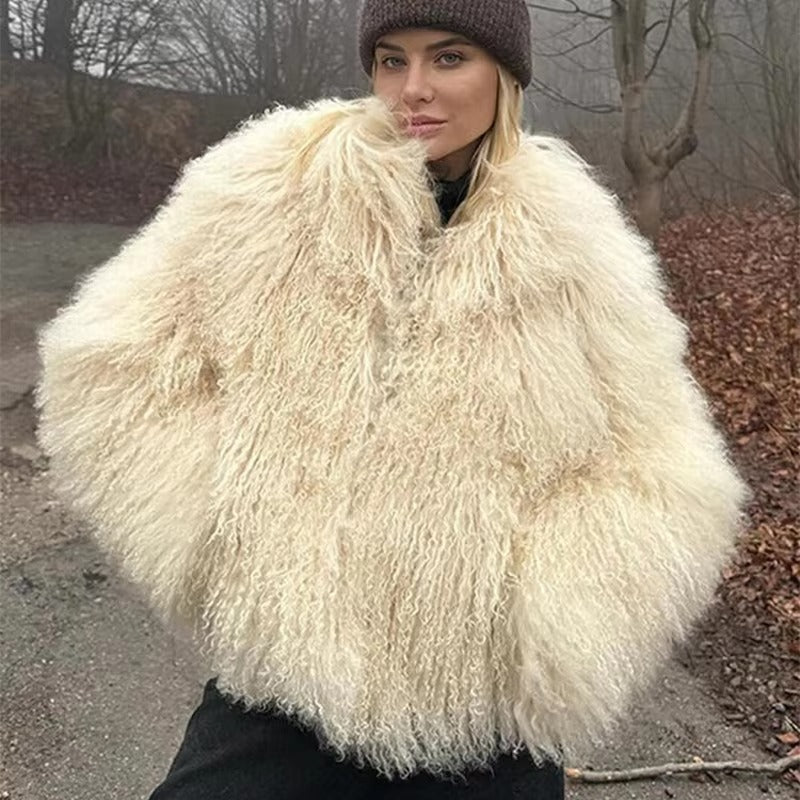 Women's Faux Fur Coat Oversized with Shaggy Texture - Beige