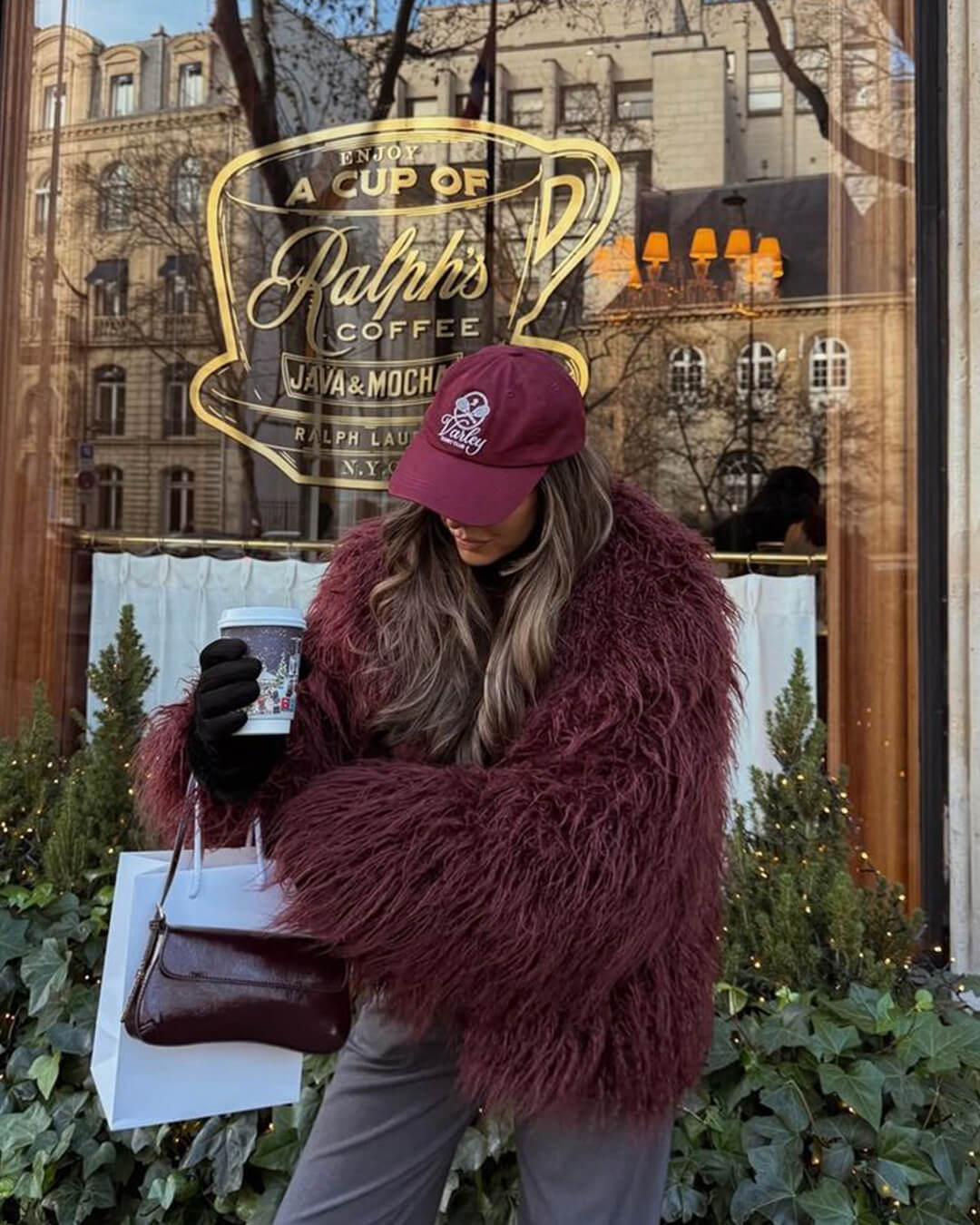 Women's Faux Fur Coat Oversized with Shaggy Texture - Burgundy