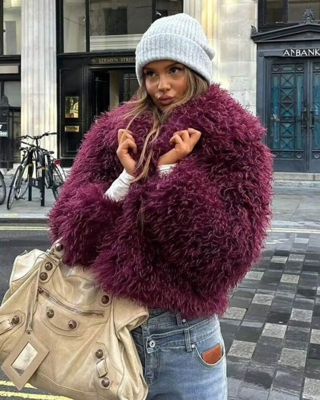 Women's Faux Fur Coat Oversized with Shaggy Texture - Burgundy