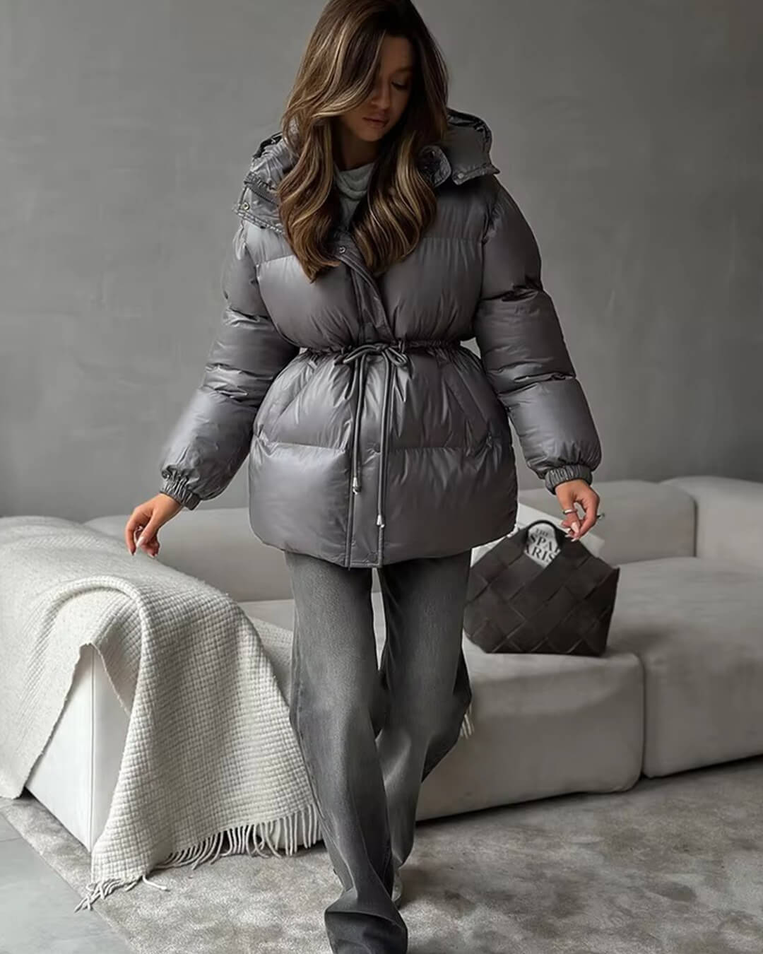 Women's Puffer Coat Hooded with Drawstring Waist - Dark Grey