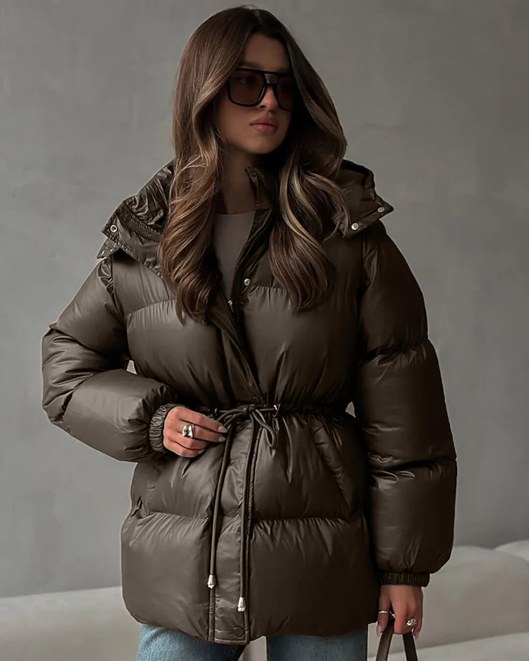 Women's Puffer Coat Hooded with Drawstring Waist - Brown