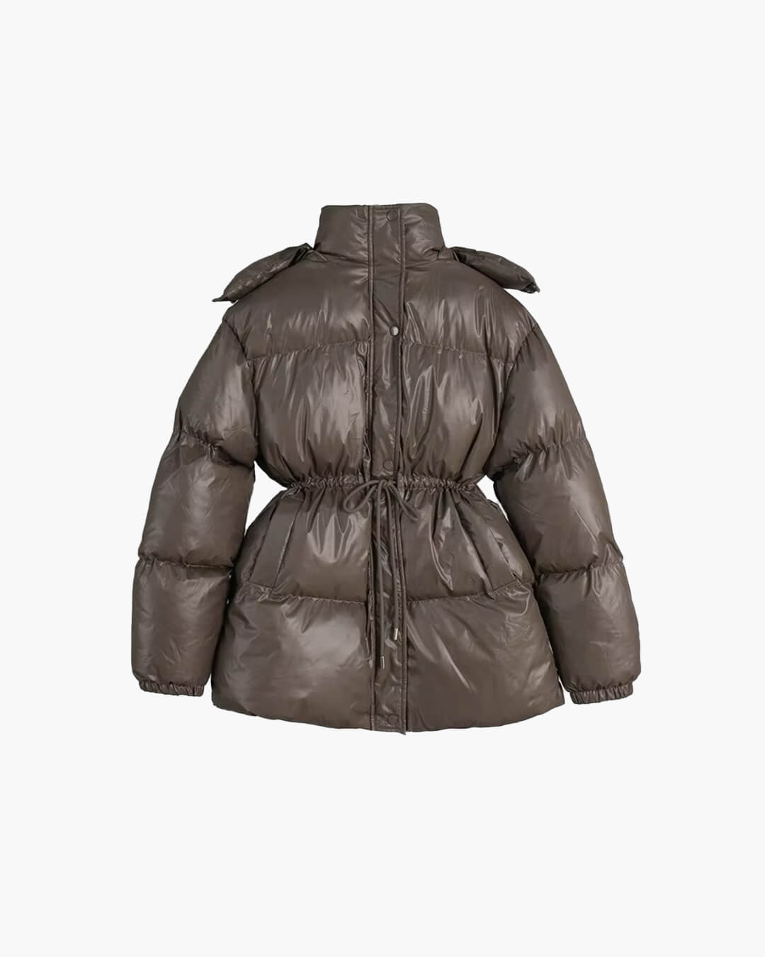 Women's Puffer Coat Hooded with Drawstring Waist - Brown
