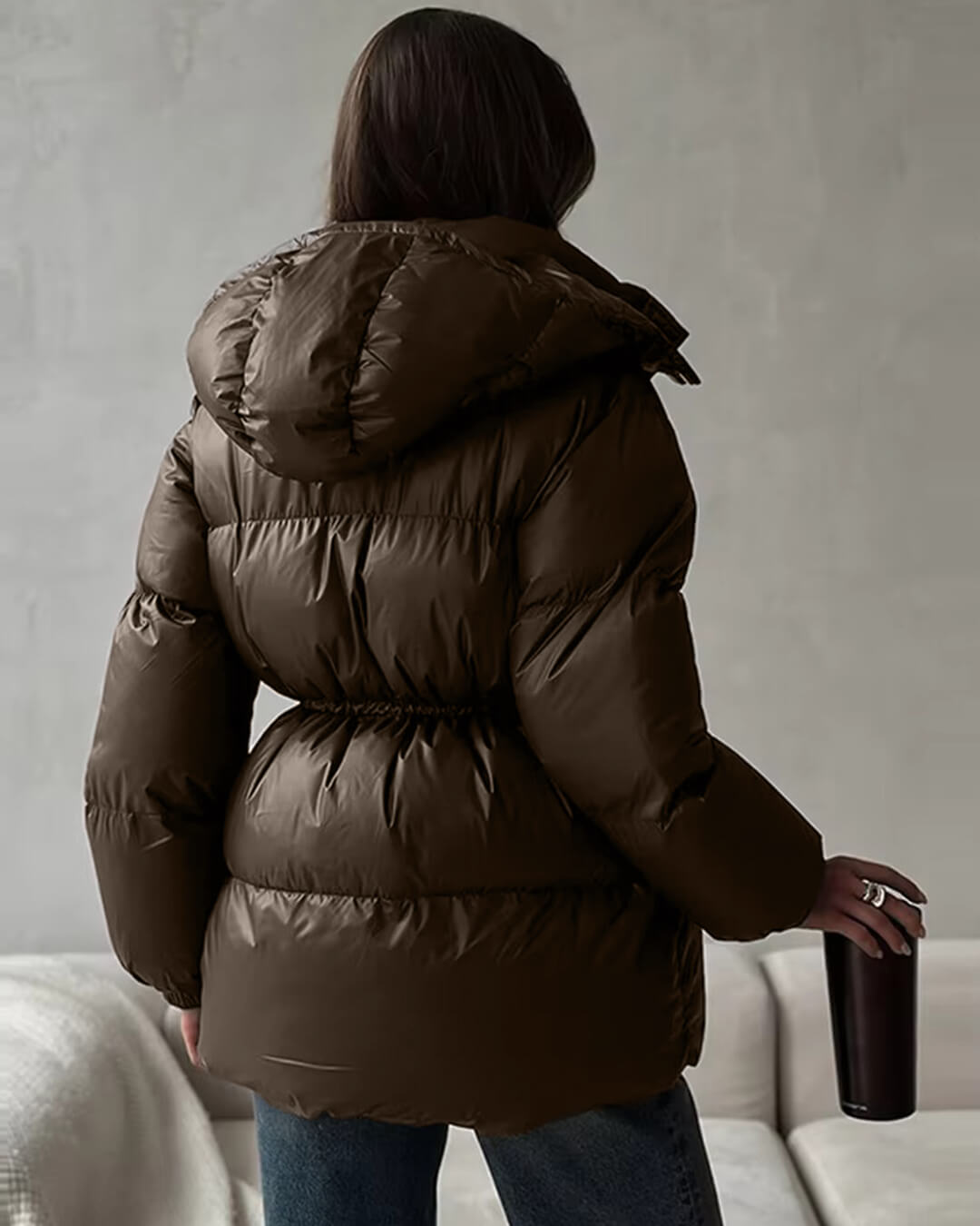 Women's Puffer Coat Hooded with Drawstring Waist - Brown