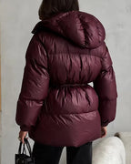 Women's Puffer Coat Hooded with Drawstring Waist - 5