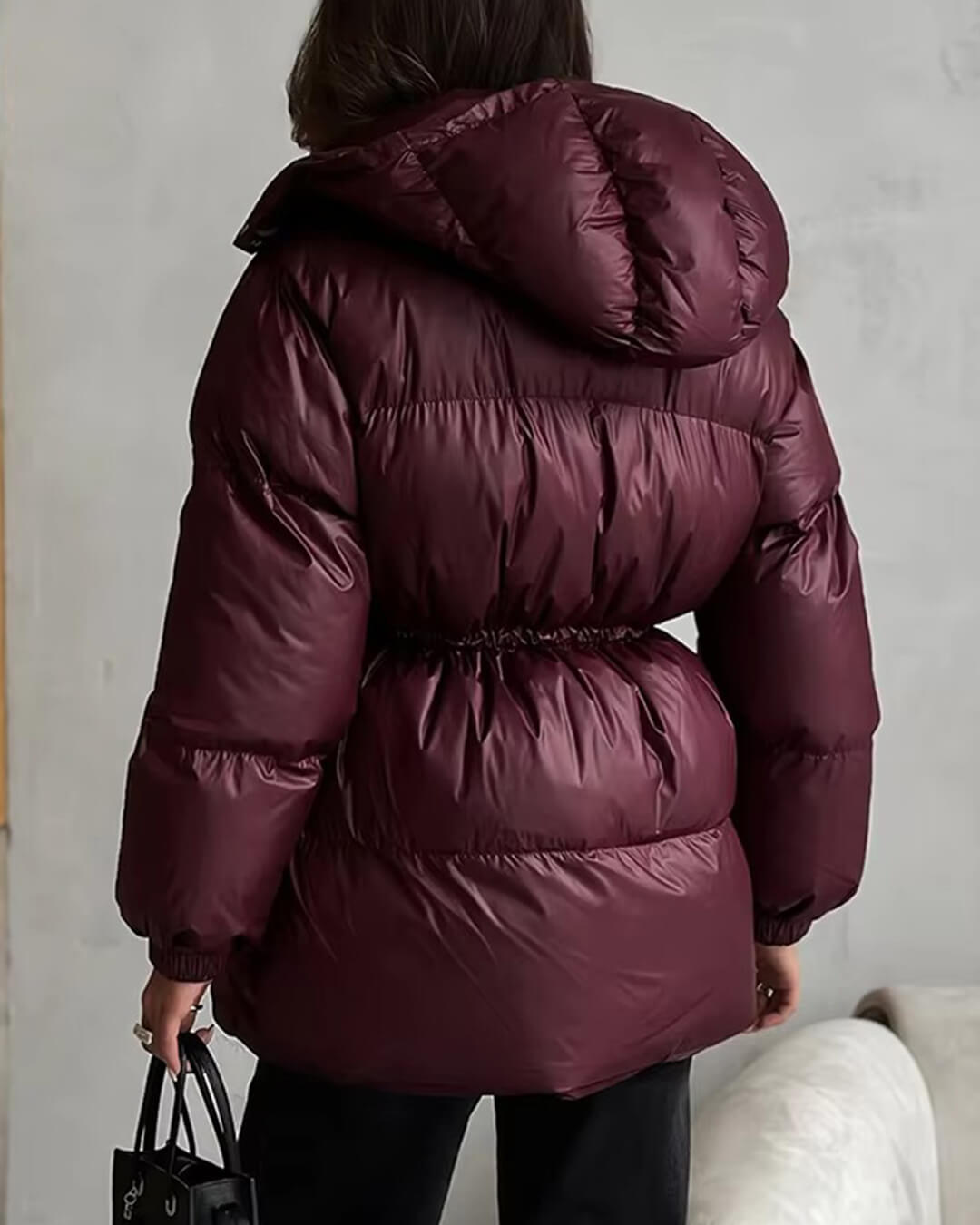 Women's Puffer Coat Hooded with Drawstring Waist - 5