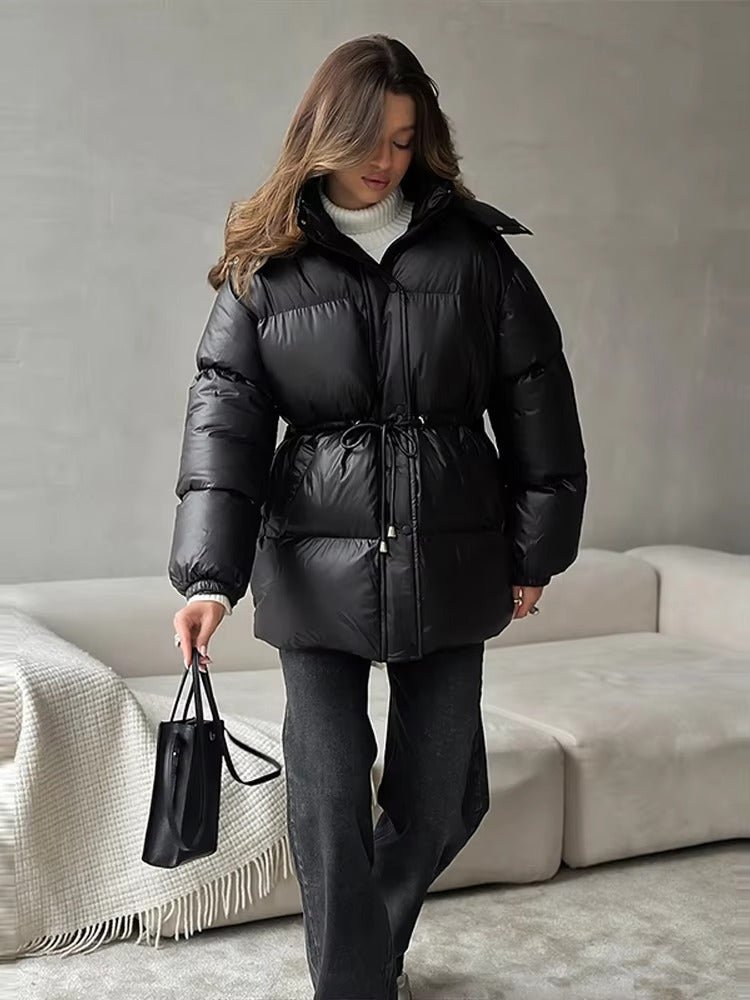 Women's Puffer Coat Hooded with Drawstring Waist - Black
